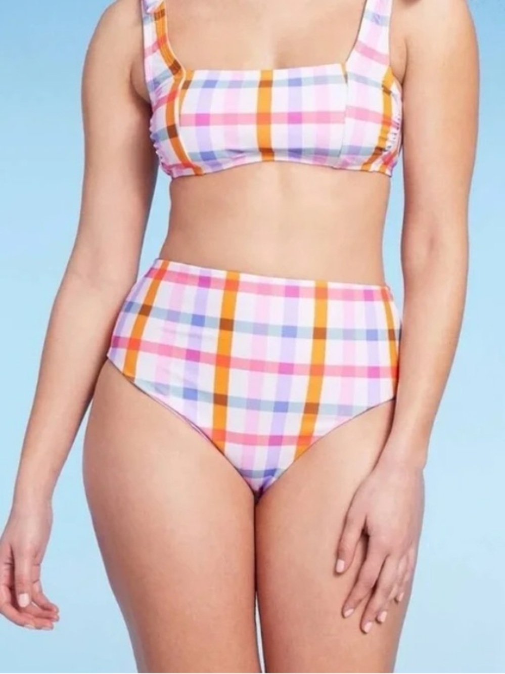 Kona Sol High-Waist White Plaid Bikini Set in Pink and Orange XL